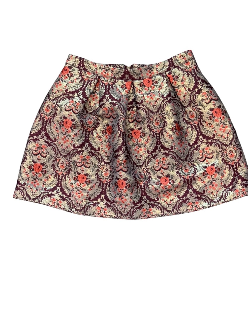 Kimchi Blue Floral Brocade Skater Skirt in Burgundy, Coral, and Cream